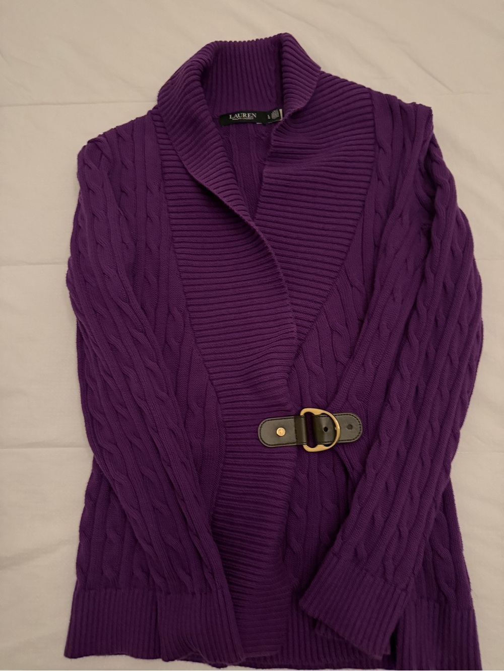 Lauren Ralph Lauren Purple Cable-Knit Shawl Collar Cardigan with Buckle